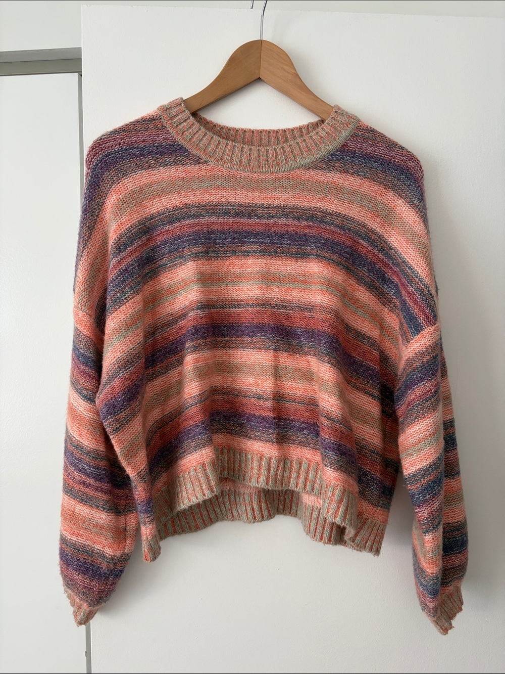 Billabong Striped Crewneck Sweater in Peach, Purple, and Blue